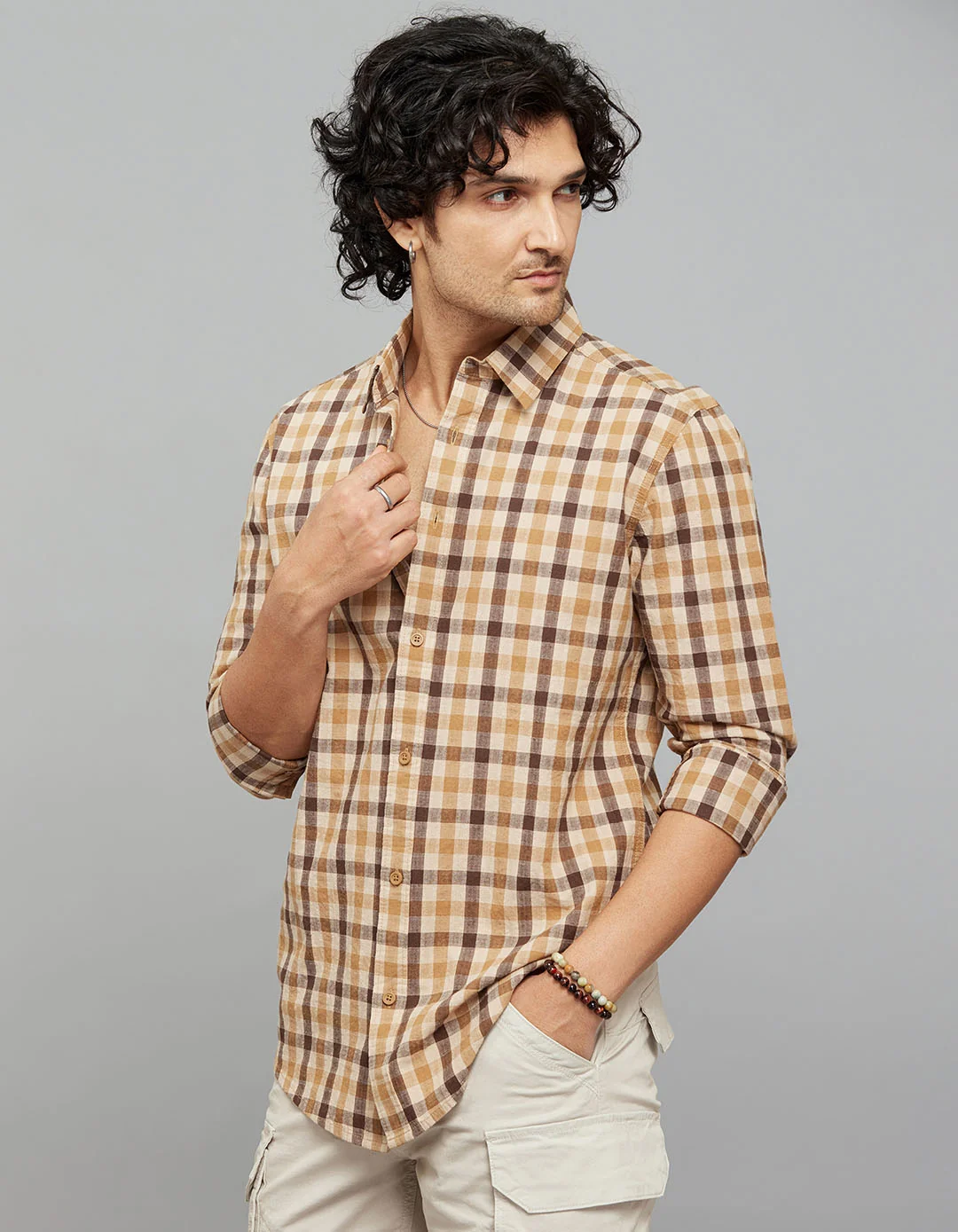 Beige Brown 100% Cotton Full Sleeves Check Shirt - Image 3