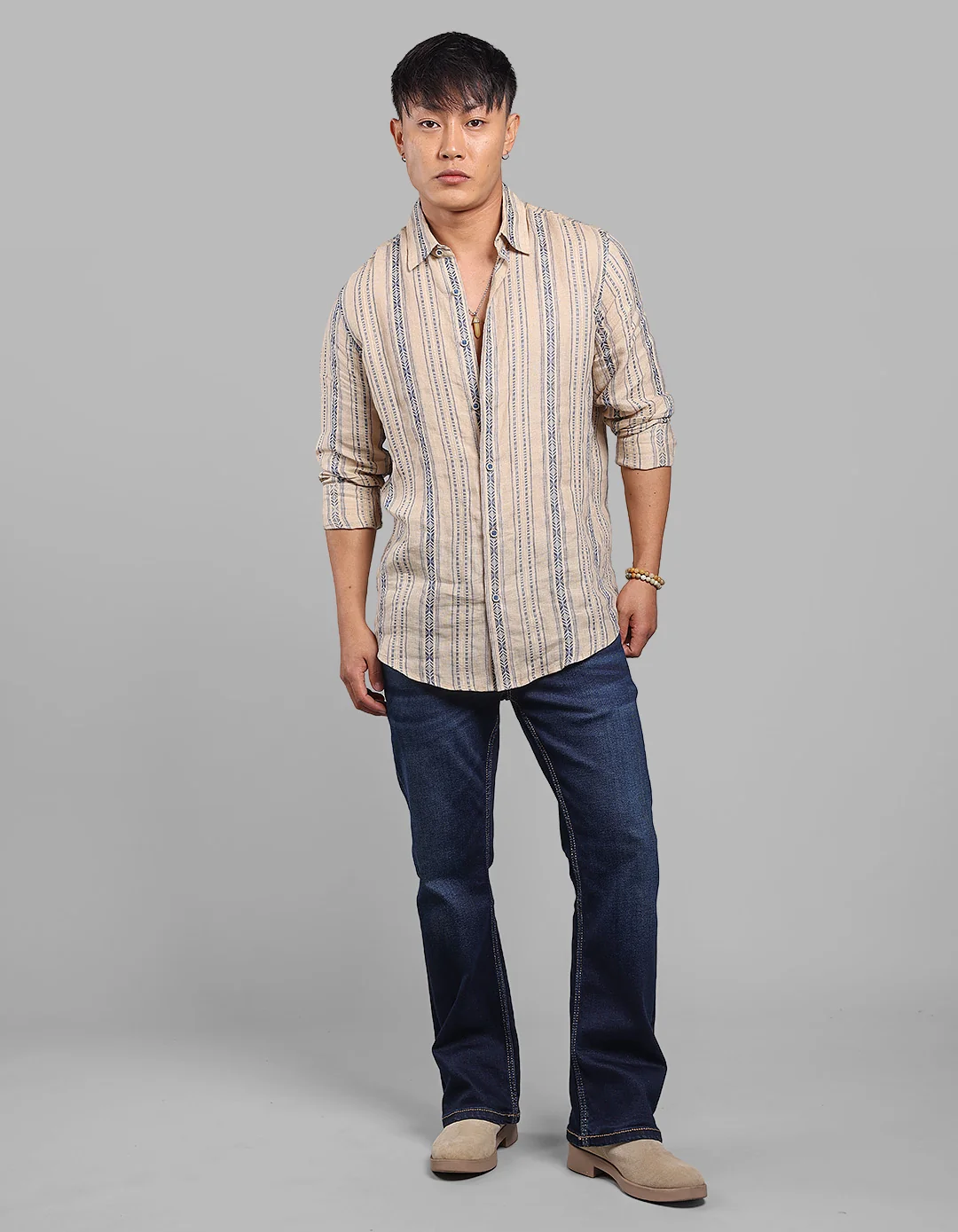 Beige Full Sleeve Linen Blend Stripe Shirt - Image 2