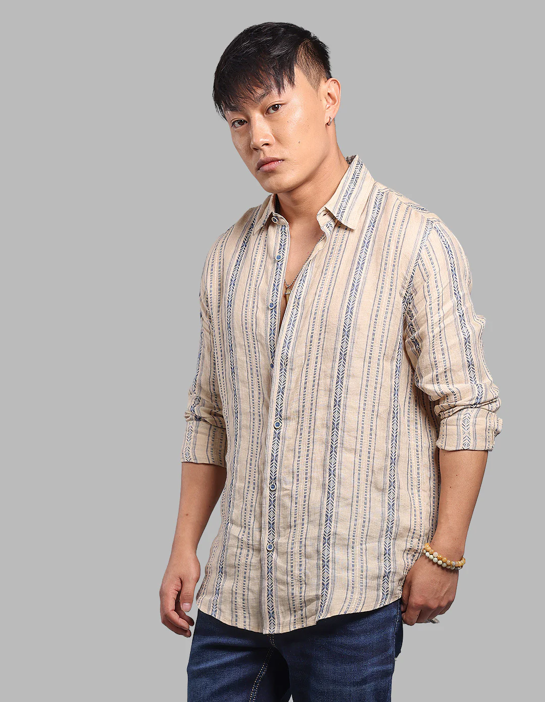 Beige Full Sleeve Linen Blend Stripe Shirt - Image 3
