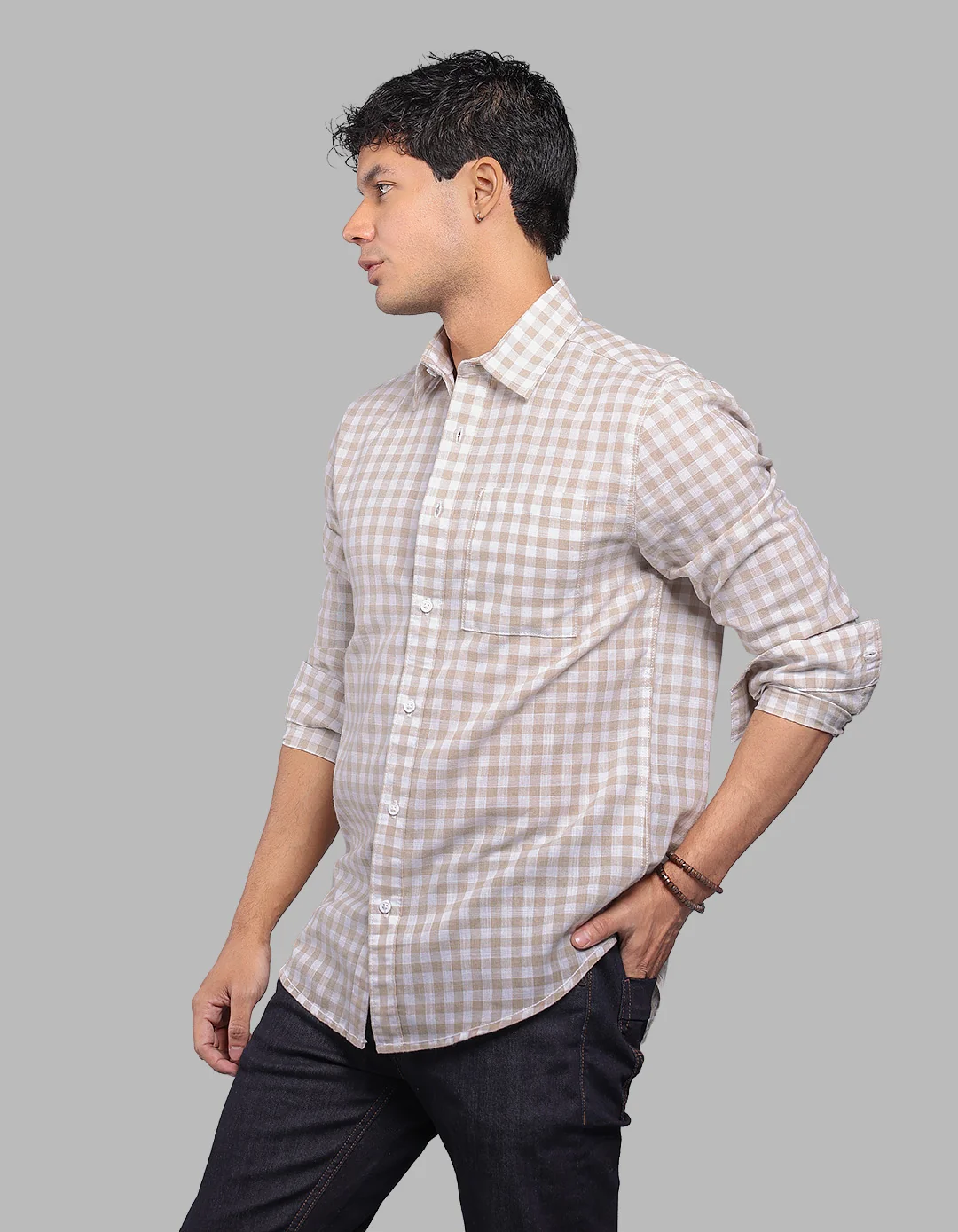 Beige White Full Sleeve Linen Blend Check Shirt - Image 3