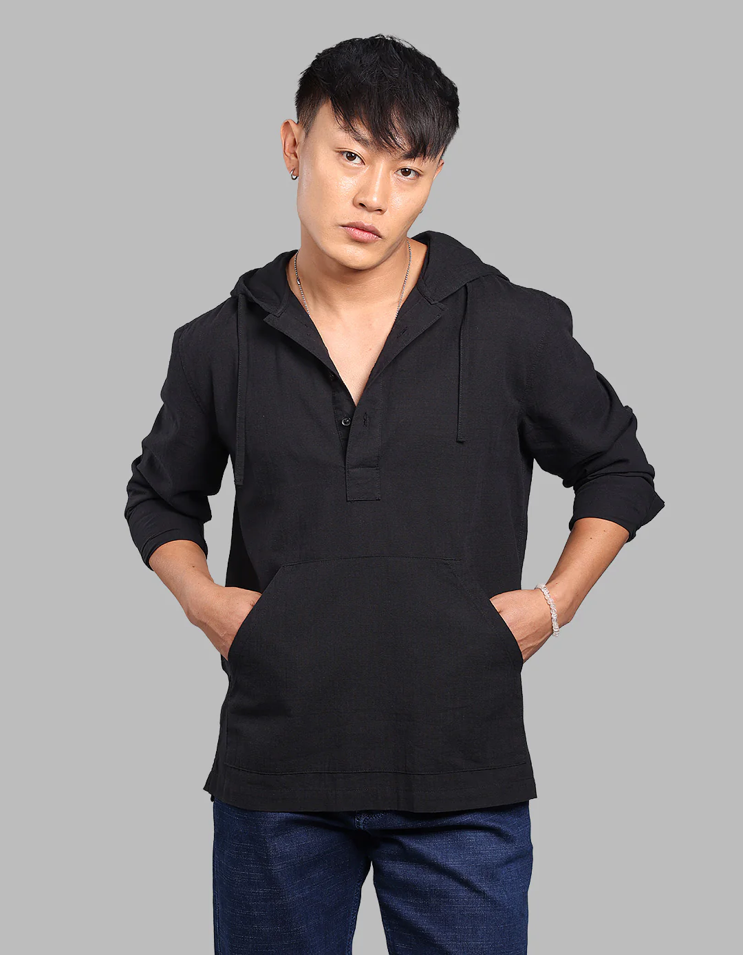Black 100% Cotton Full Sleeve Oversized Solid Shirt - Image 2