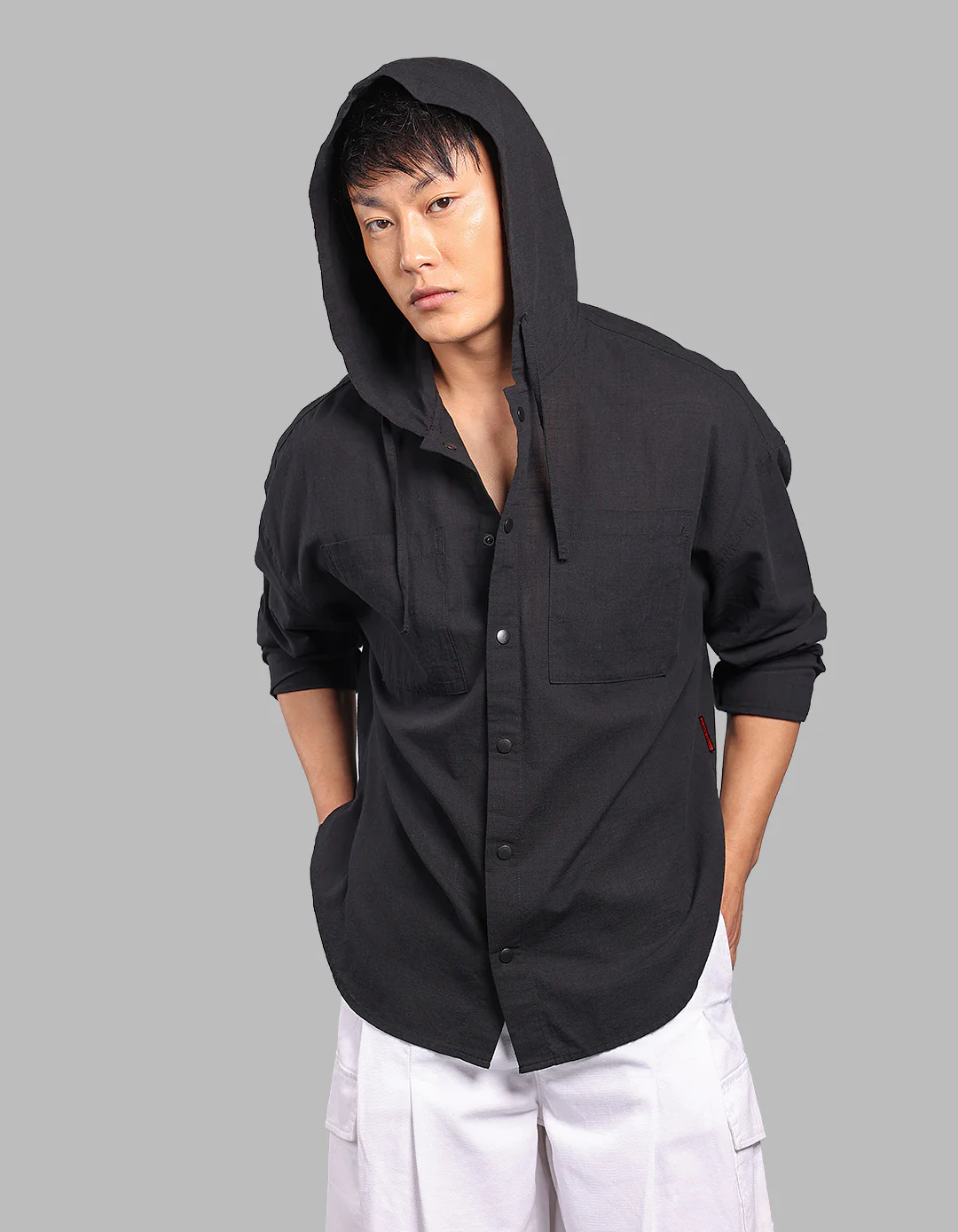 Black 100% Cotton Full Sleeve Oversized Solid Shirt - Image 2