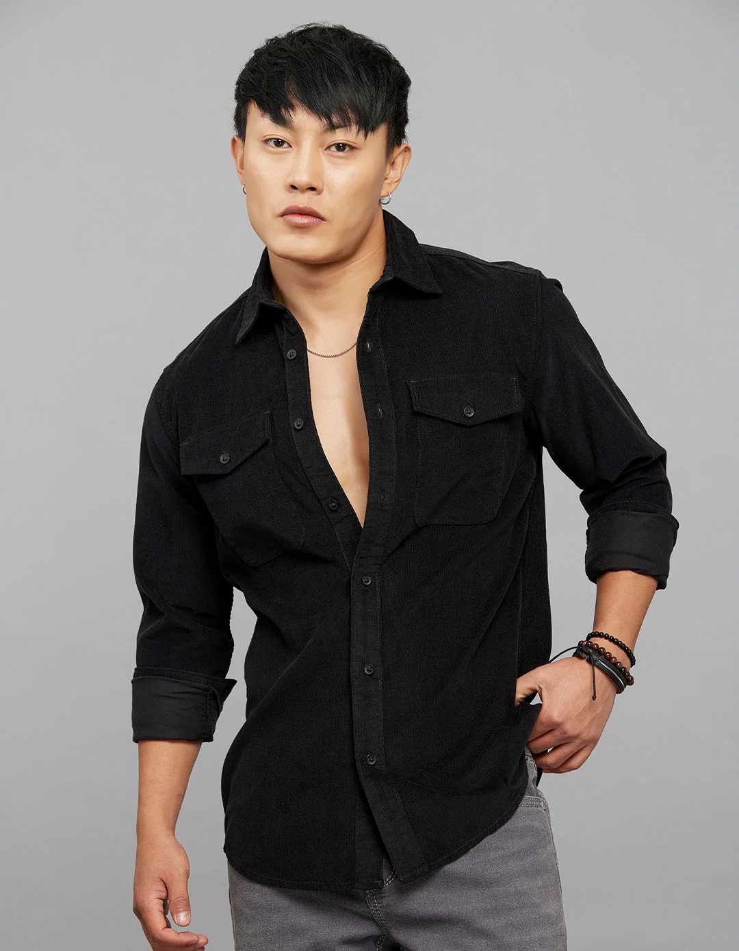 Black 100% Cotton Full Sleeves Corduroy Shirt