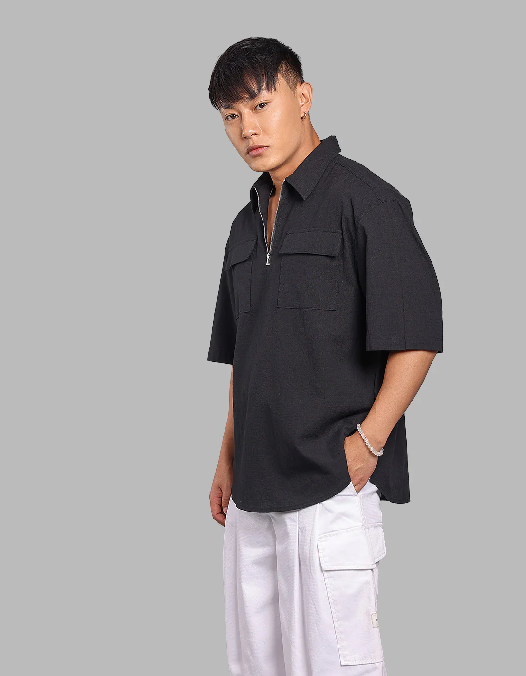 Black 100% Cotton Half Sleeve Oversized Solid Shirt - Image 3