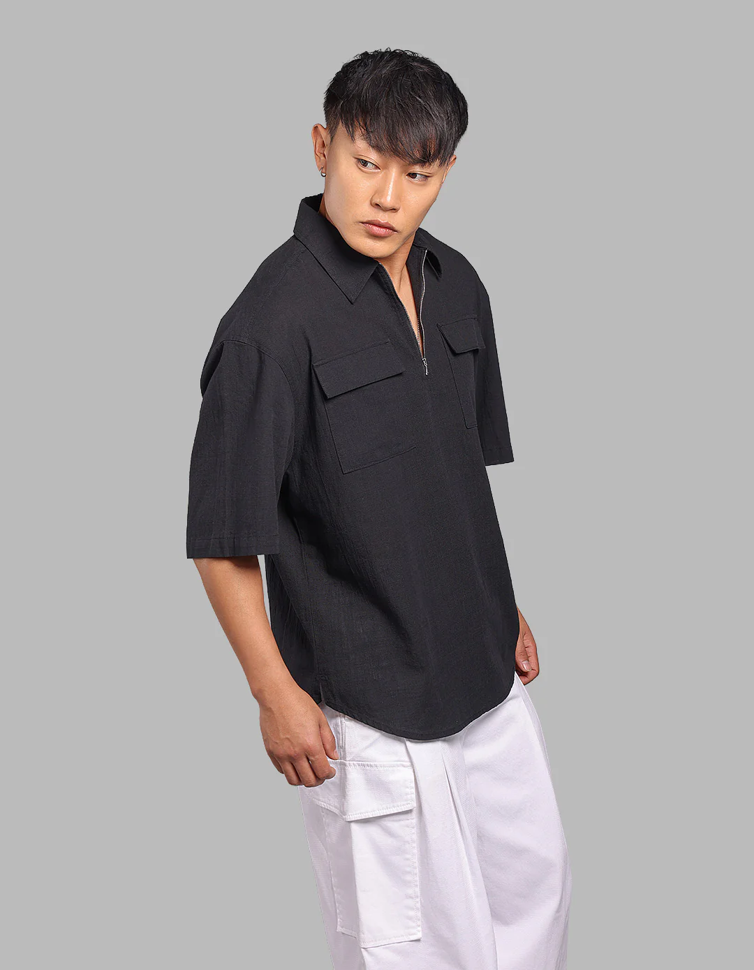 Black 100% Cotton Half Sleeve Oversized Solid Shirt - Image 4