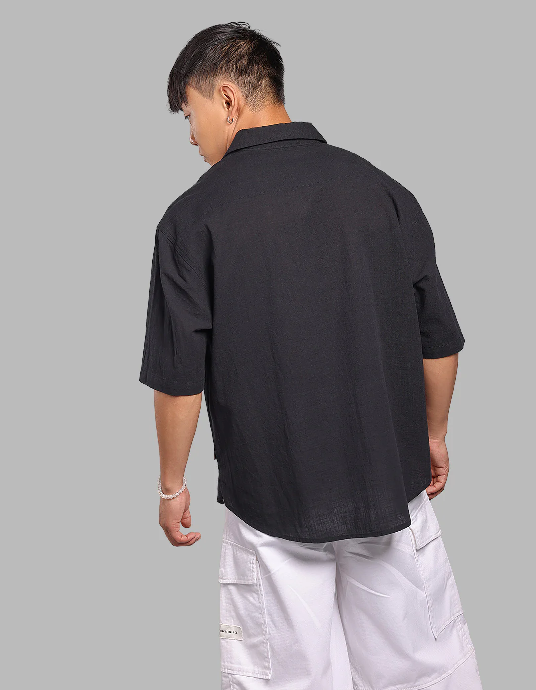 Black 100% Cotton Half Sleeve Oversized Solid Shirt - Image 5