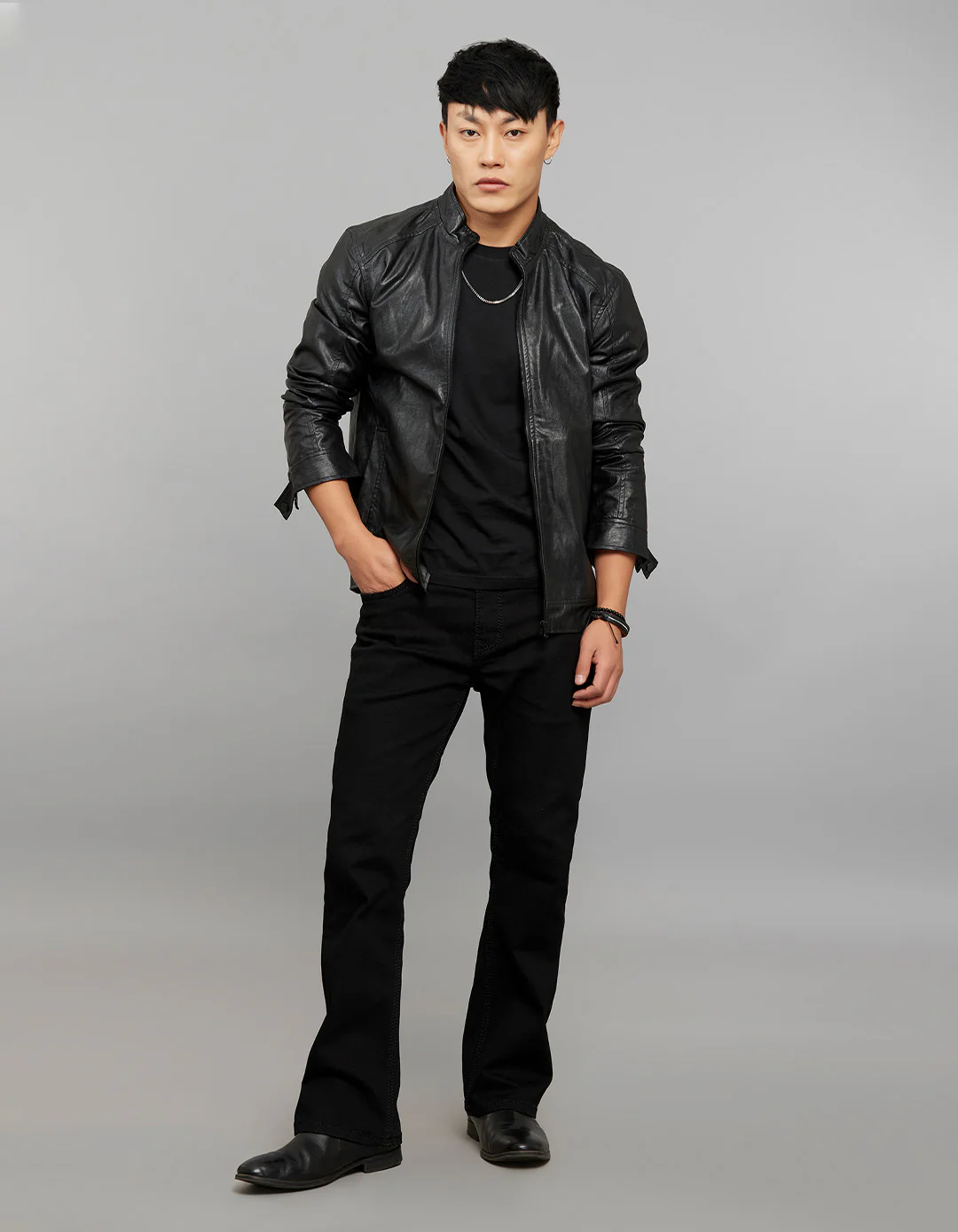 Black Zipper Front Closure Long Sleeves Leather Jacket - Image 2