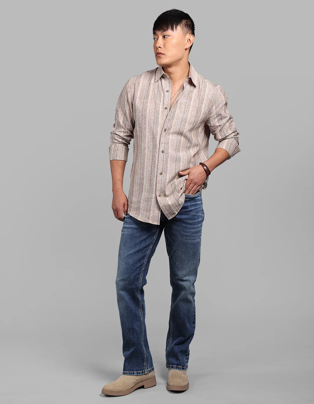 Brown Full Sleeve Linen Blend Stripe Shirt - Image 2