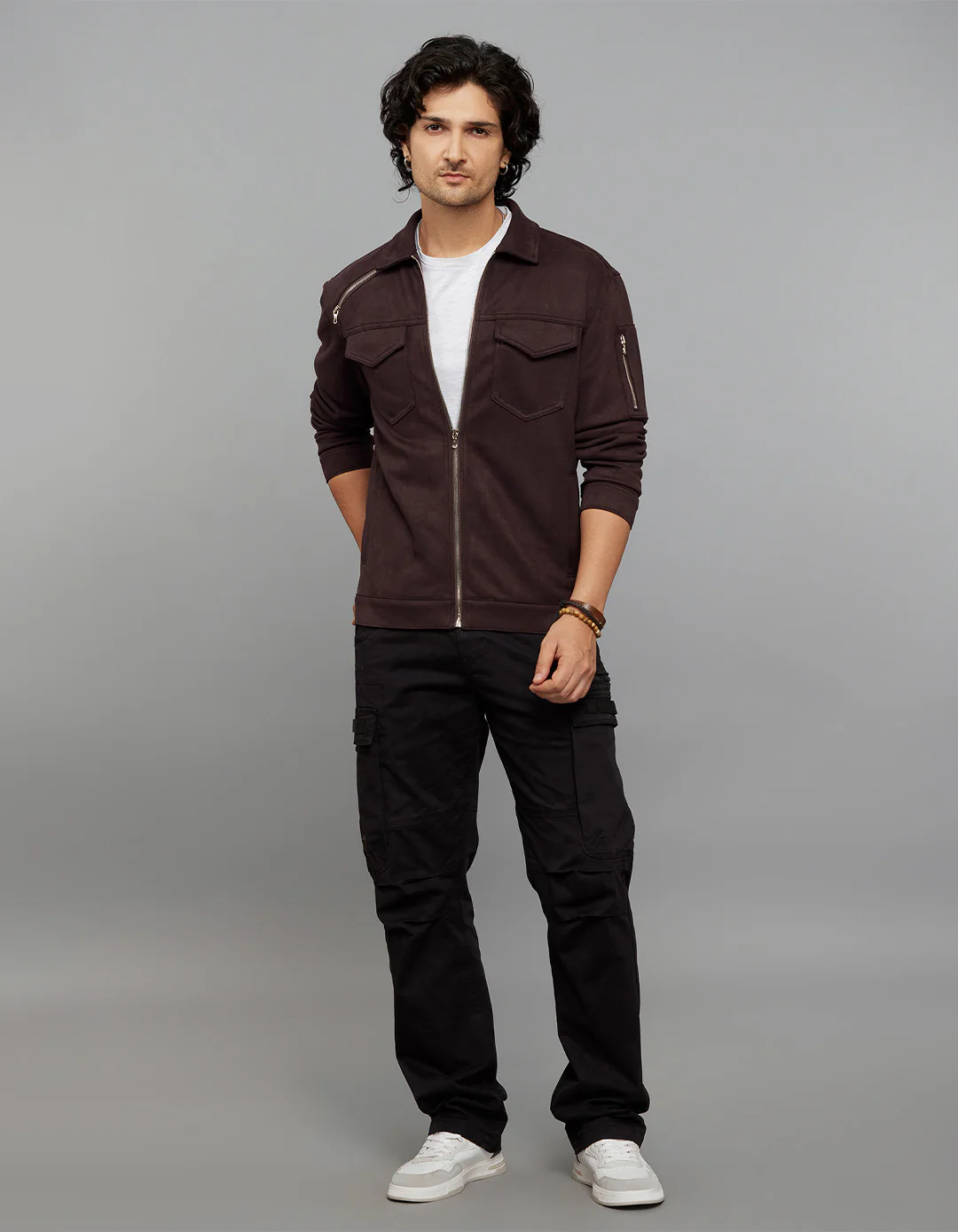 Burgundy Zipper Front Closure Long Sleeves Suede Jacket - Image 2