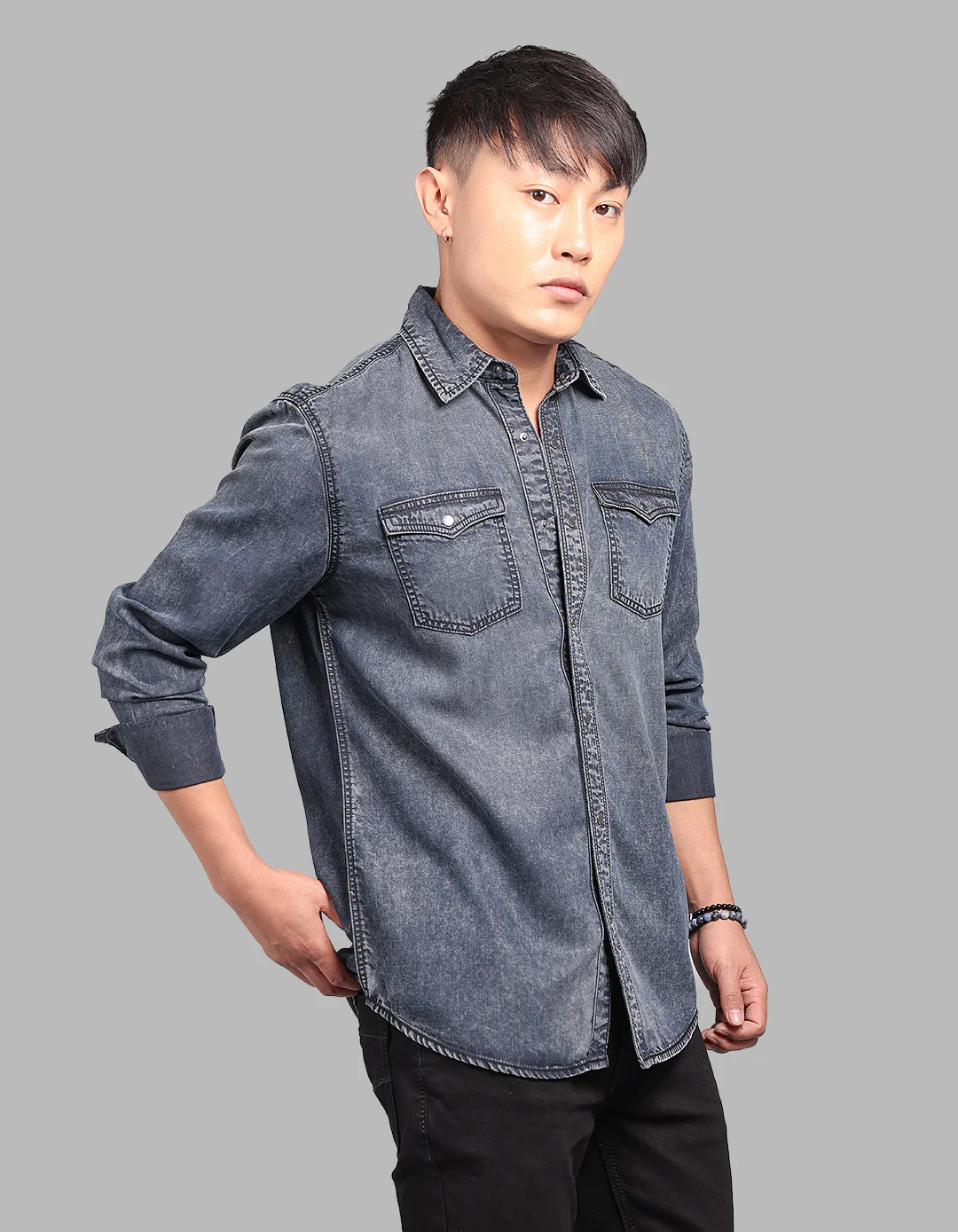 Charcoal Grey Full Sleeve Denim Shirt - Image 4