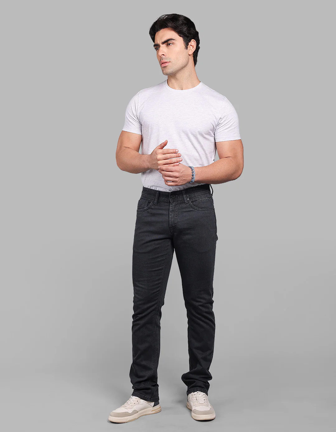 Charcoal Grey Mid-Rise Slim Straight Fit Stretch Jeans - Image 4