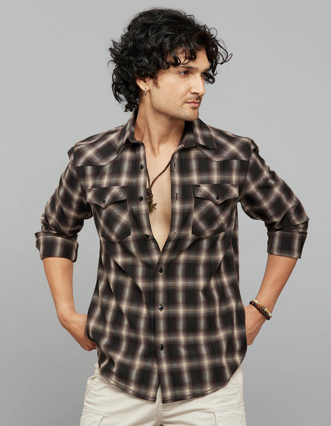 Coffee Beige Full Sleeves Check Shirt
