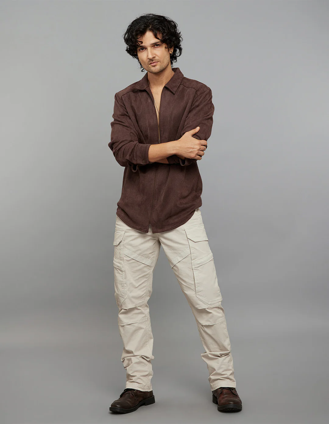 Coffee Full Sleeves Zipper Front Closure Suede Shacket - Image 2