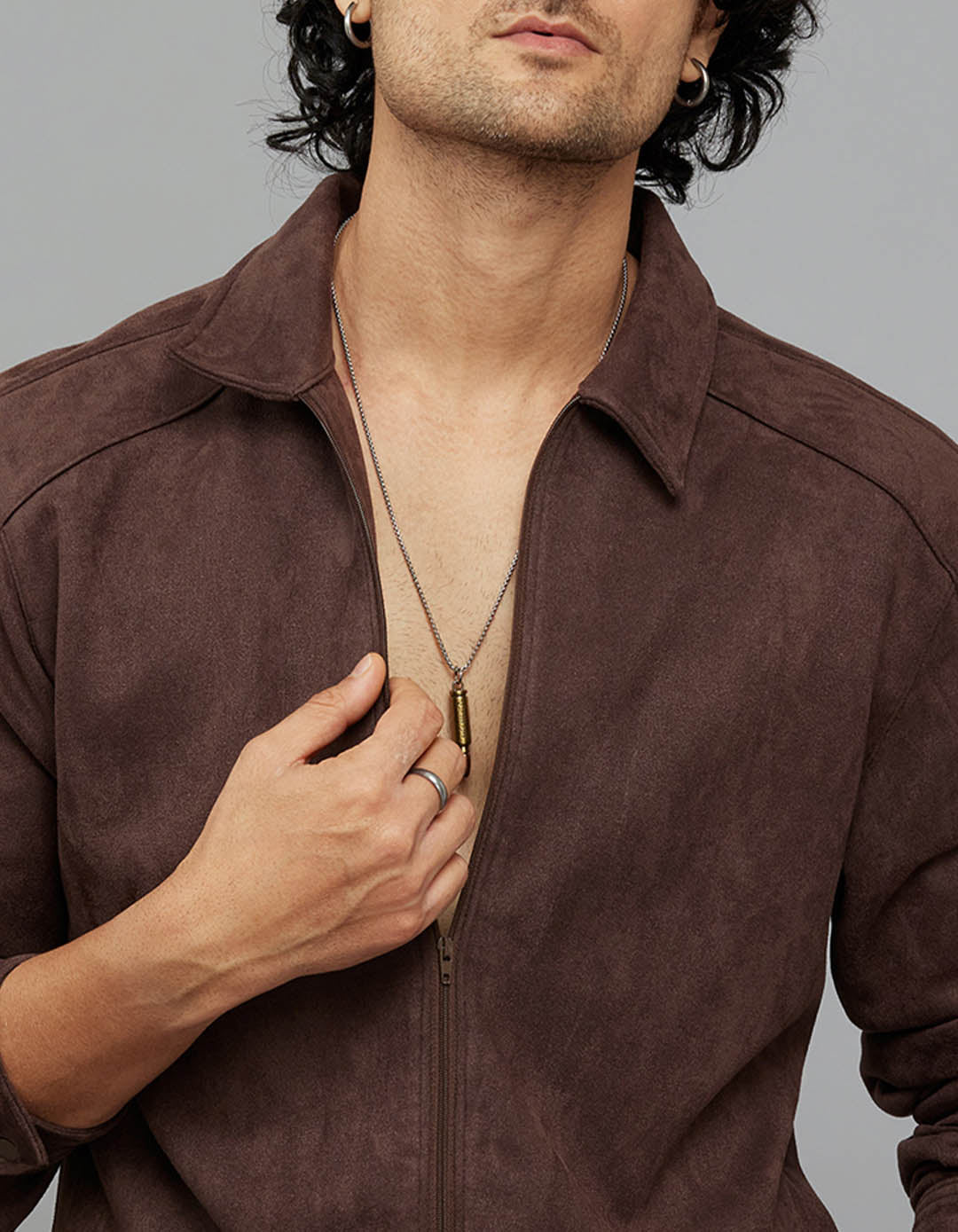 Coffee Full Sleeves Zipper Front Closure Suede Shacket - Image 5