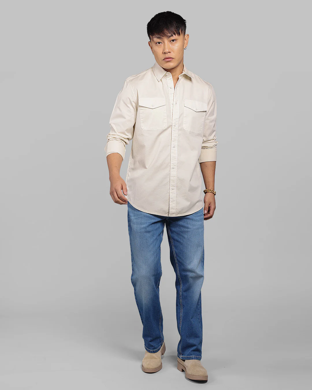 Cream Full Sleeve Stretch Cargo Shirt - Image 2
