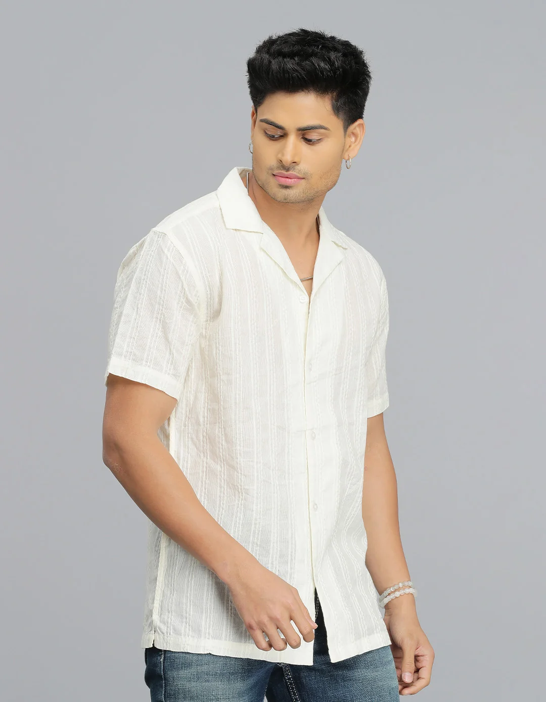 CREAM 100% Cotton Half Sleeve STRIPE SHIRT - Image 6