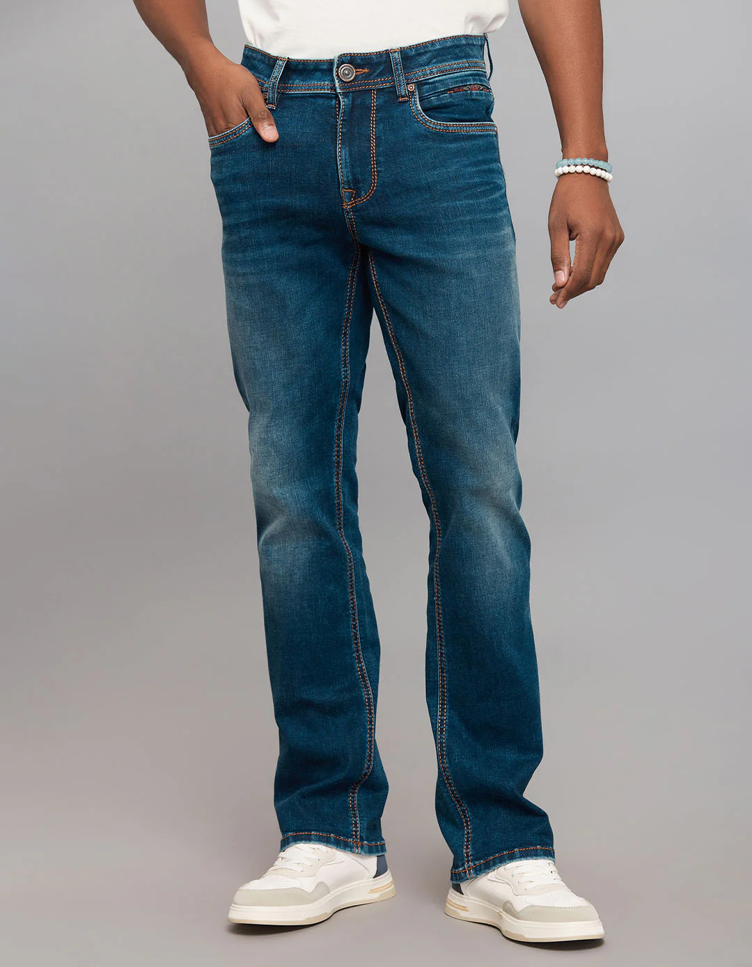 Dark Blue Mid Rise Loose Boot Leg Stretch Jeans