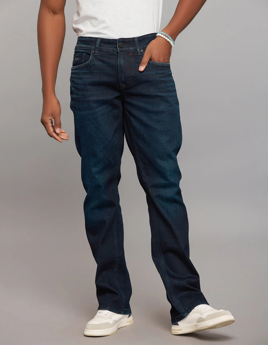 Dark Blue Mid Rise Loose Boot Leg Stretch Jeans