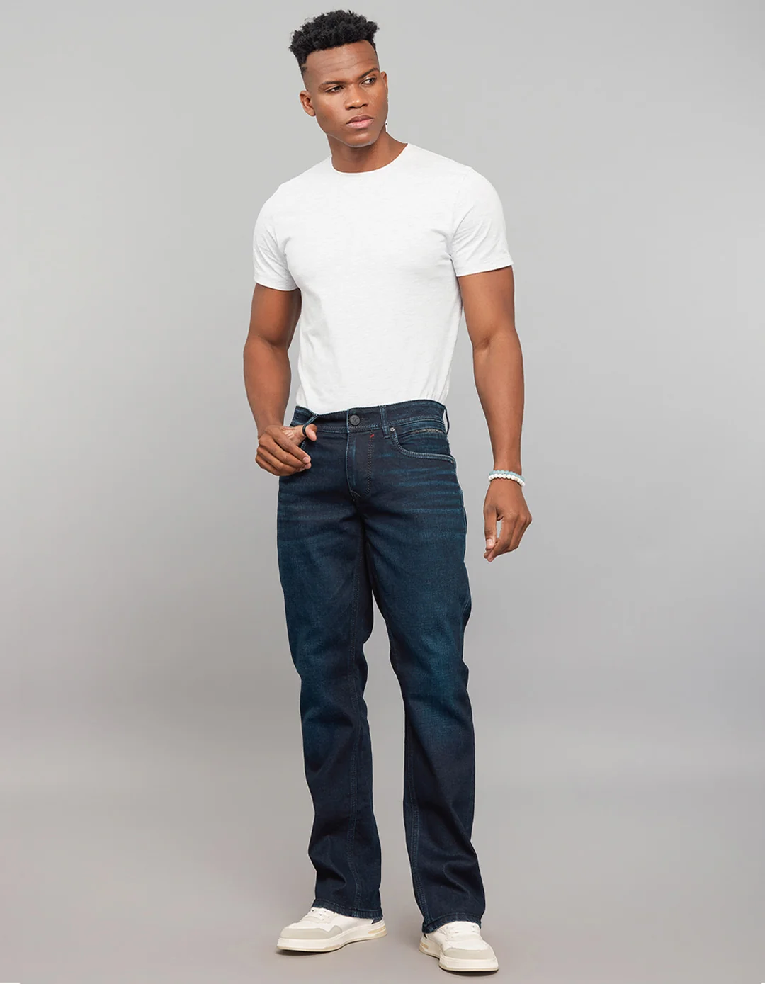 Dark Blue Mid Rise Loose Boot Leg Stretch Jeans - Image 2