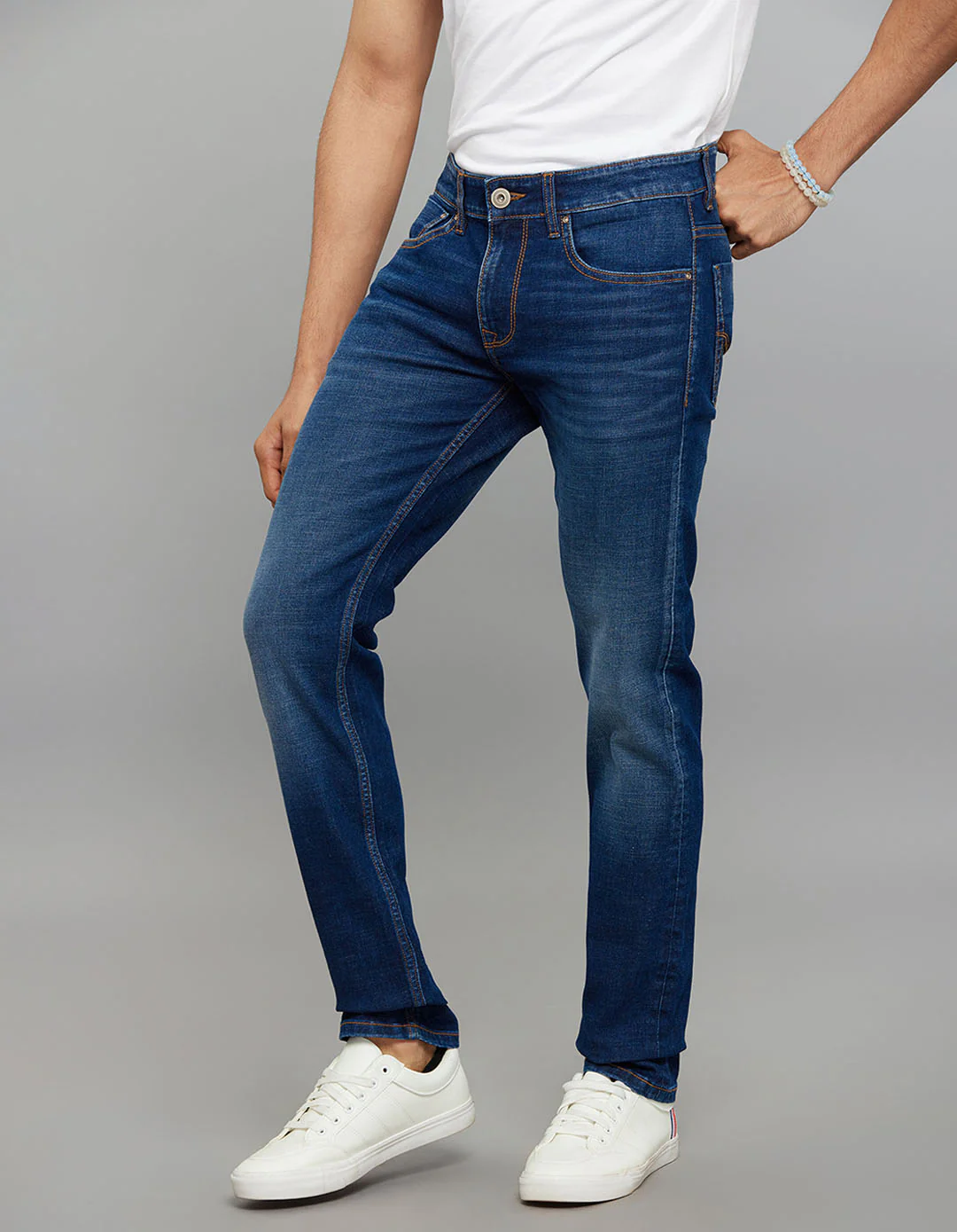 Dark Blue Mid-Rise Slim Straight Fit Classic Stretch Jeans - Image 4
