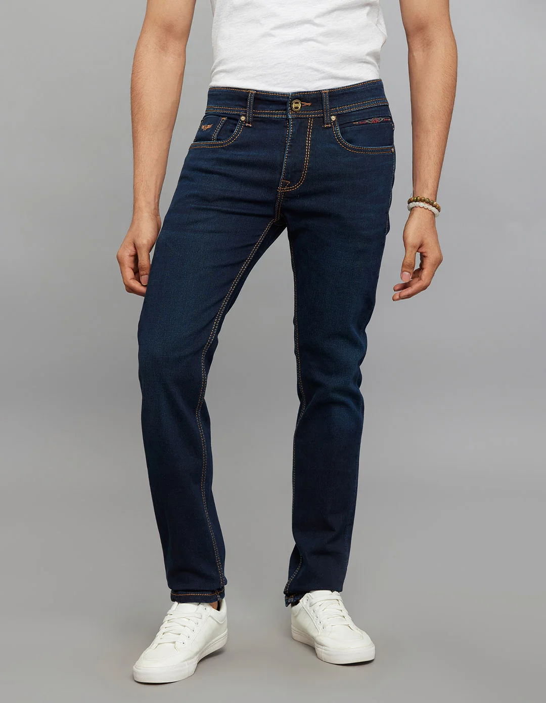 Dark Blue Mid-Rise Slim Straight Fit Knit Jeans