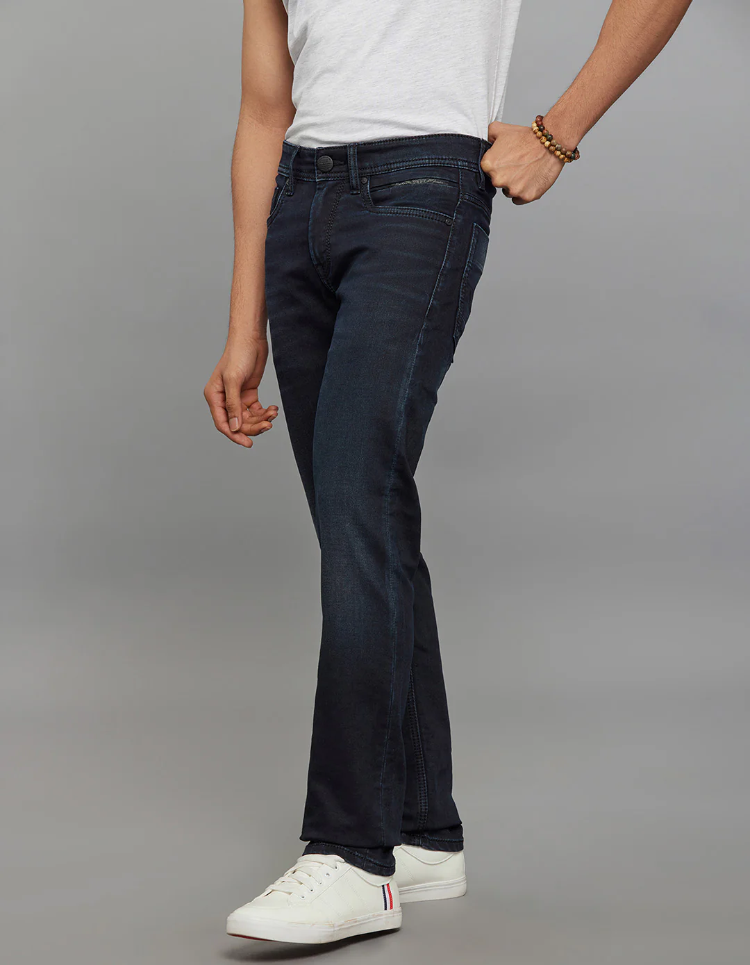 Dark Blue Mid-Rise Slim Straight Fit Knit Stretch Jeans - Image 3