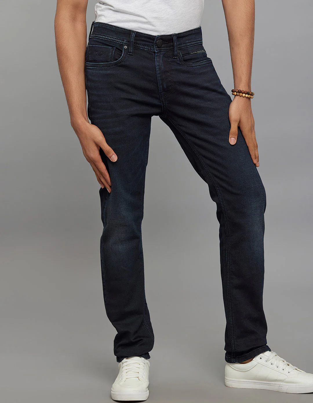 Dark Blue Mid-Rise Slim Straight Fit Knit Stretch Jeans - Image 4