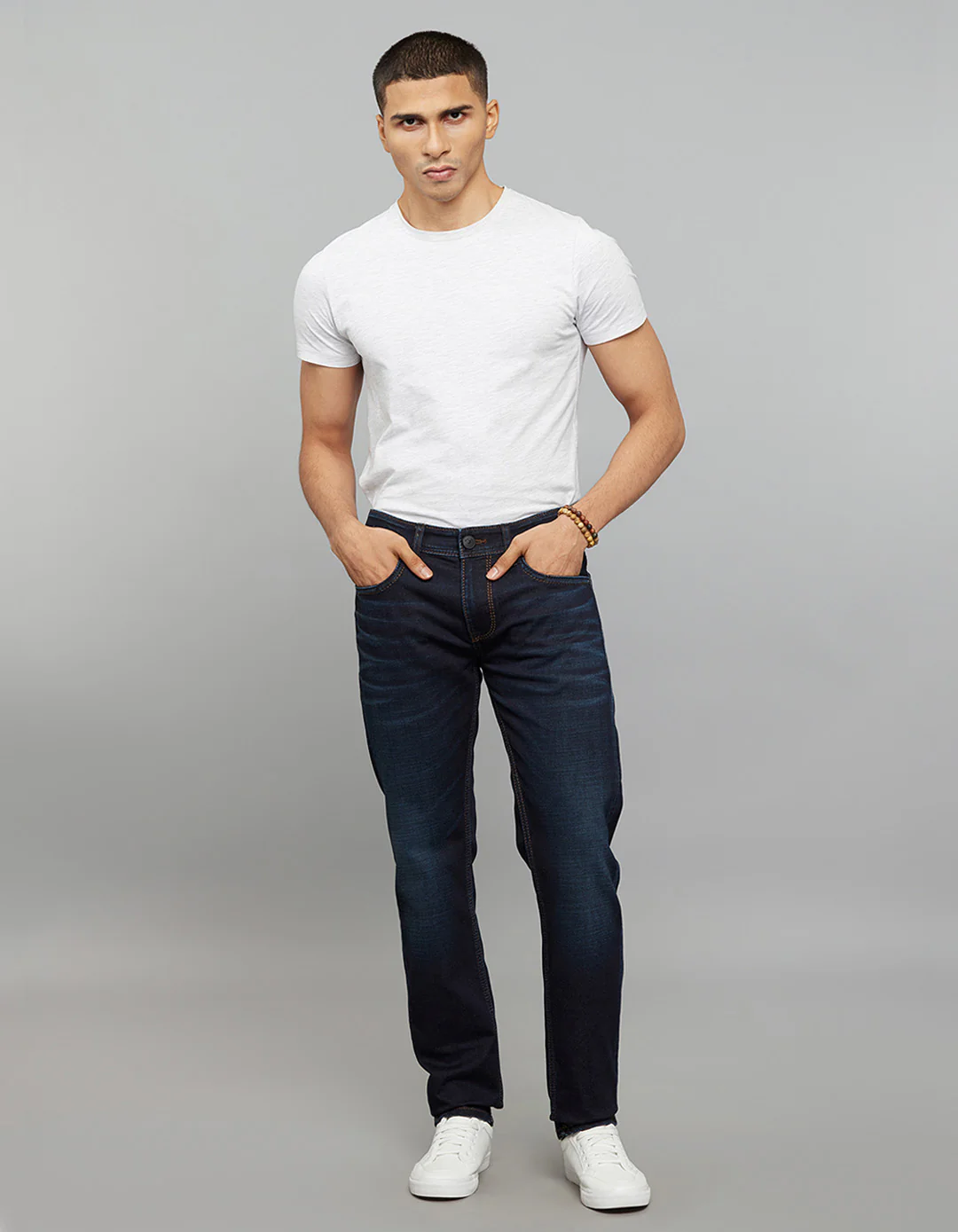 Dark Blue Mid-Rise Slim Straight Fit Knit Stretch Jeans - Image 2