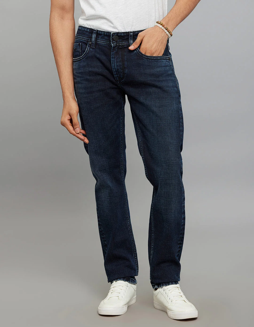 Dark Blue Mid-Rise Slim Straight Fit Stretch Jeans