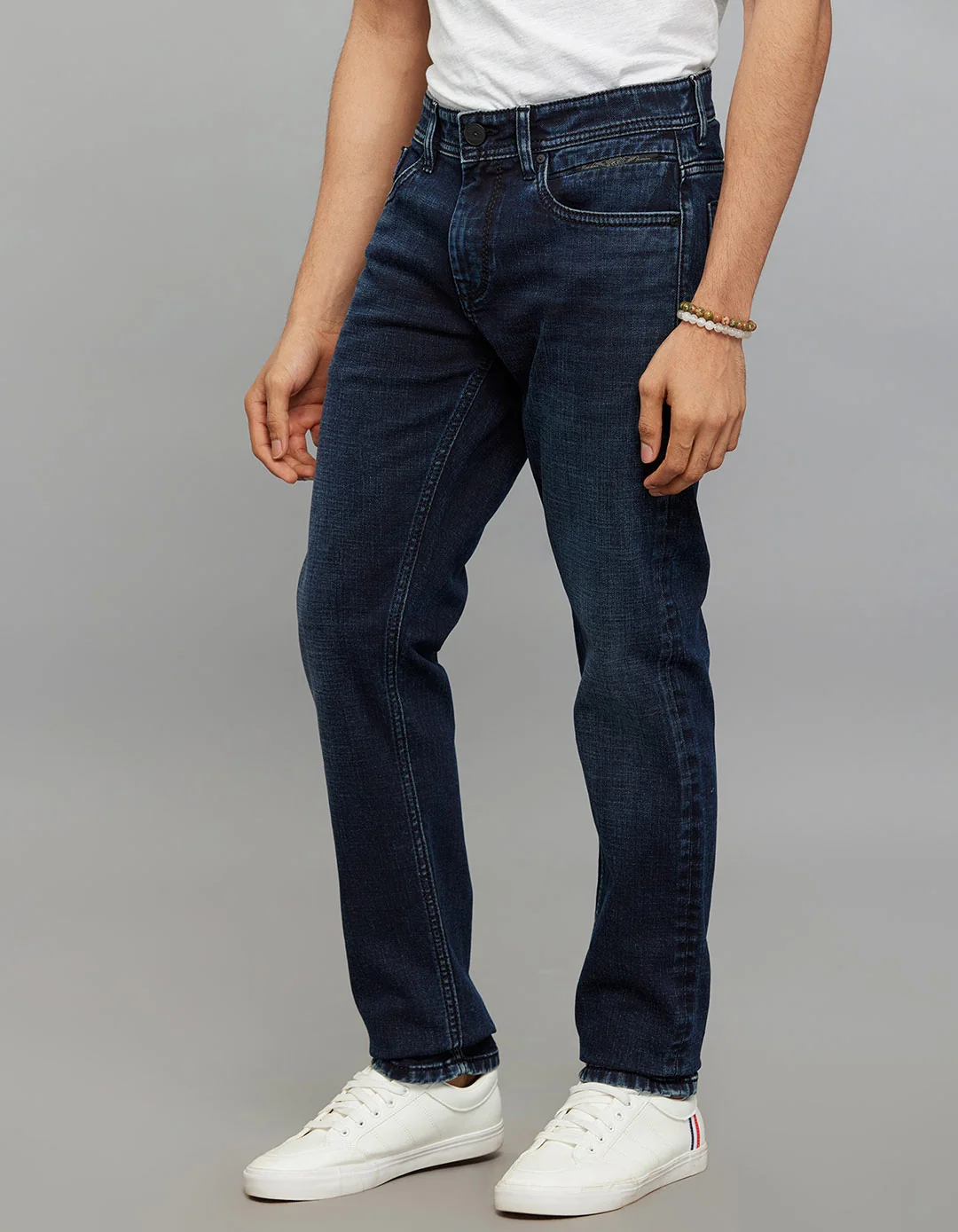 Dark Blue Mid-Rise Slim Straight Fit Stretch Jeans - Image 3