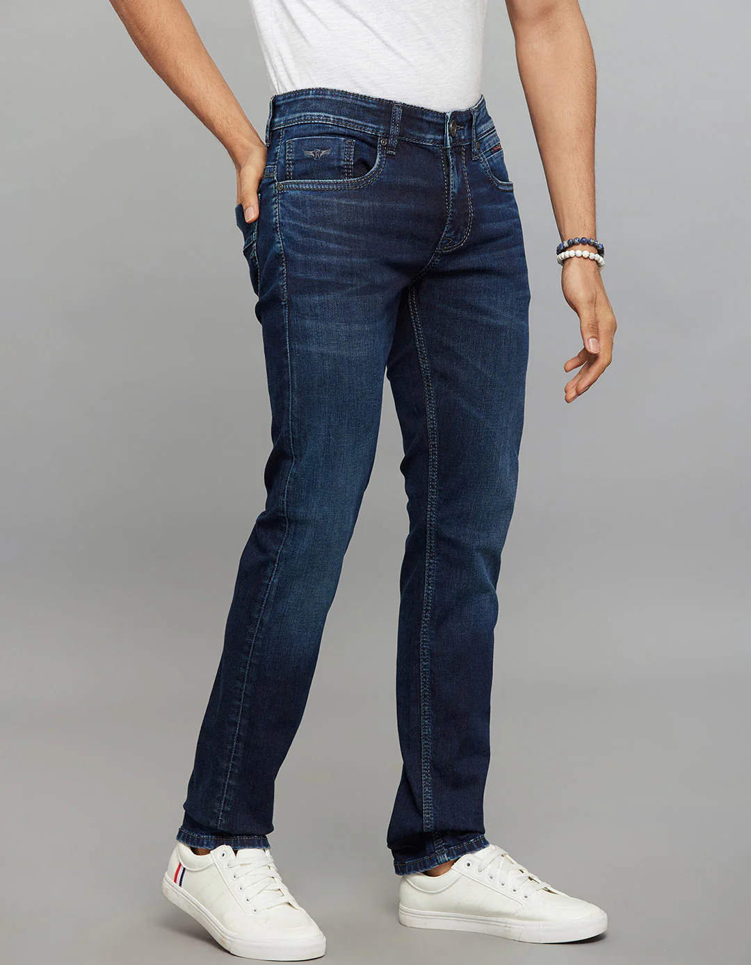 Dark Blue Mid-Rise Slim Straight Fit Stretch Jeans - Image 3