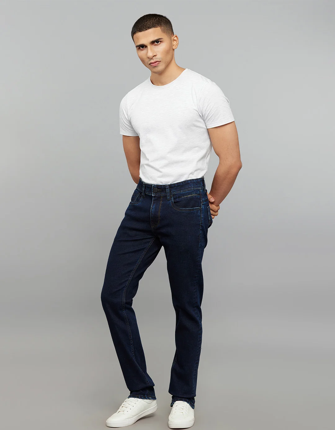 Dark Blue Mid-Rise Slim Straight Fit Stretch Jeans - Image 2