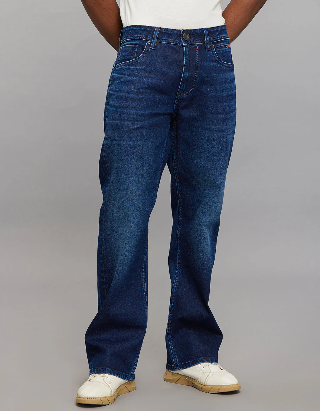 Dark Blue Midrise Loose Fit Stretch Jeans