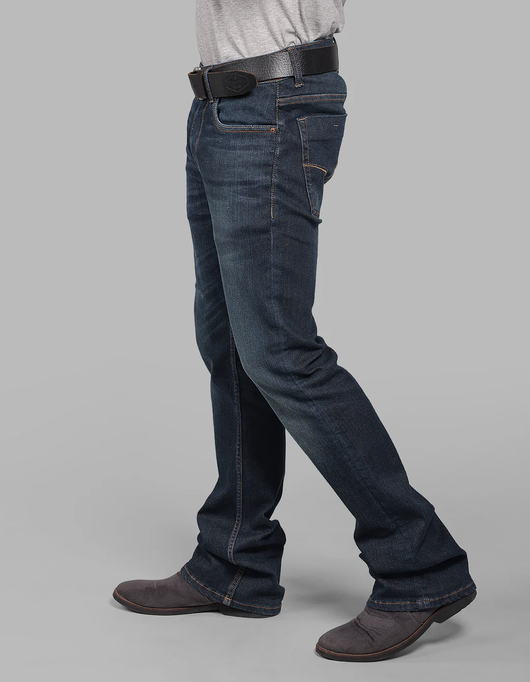 Dark Blue Mid Rise Cropped Length Loose Boot Leg Stretch Jeans - Image 5