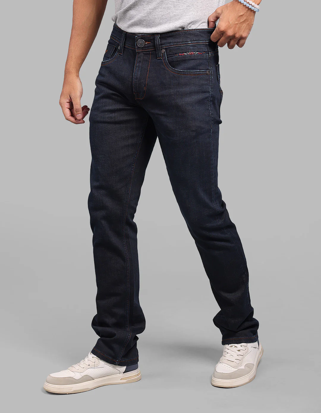 Dark Blue Mid-Rise Slim Straight Fit Stretch Jeans - Image 3
