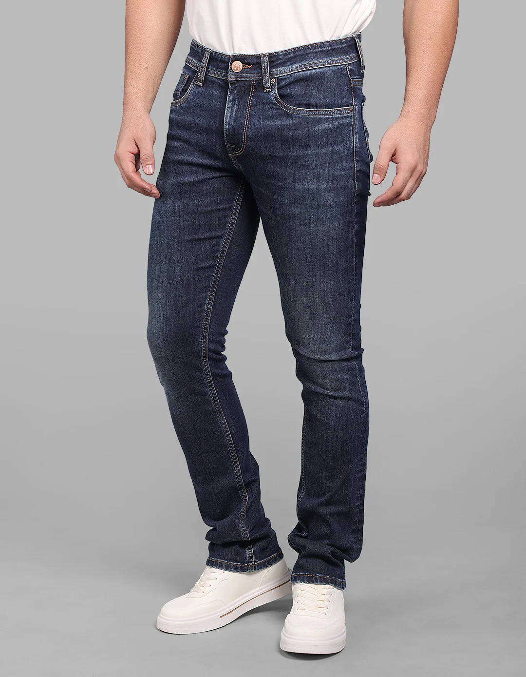 Dark Blue Mid-Rise Slim Straight Fit Stretch Jeans - Image 3