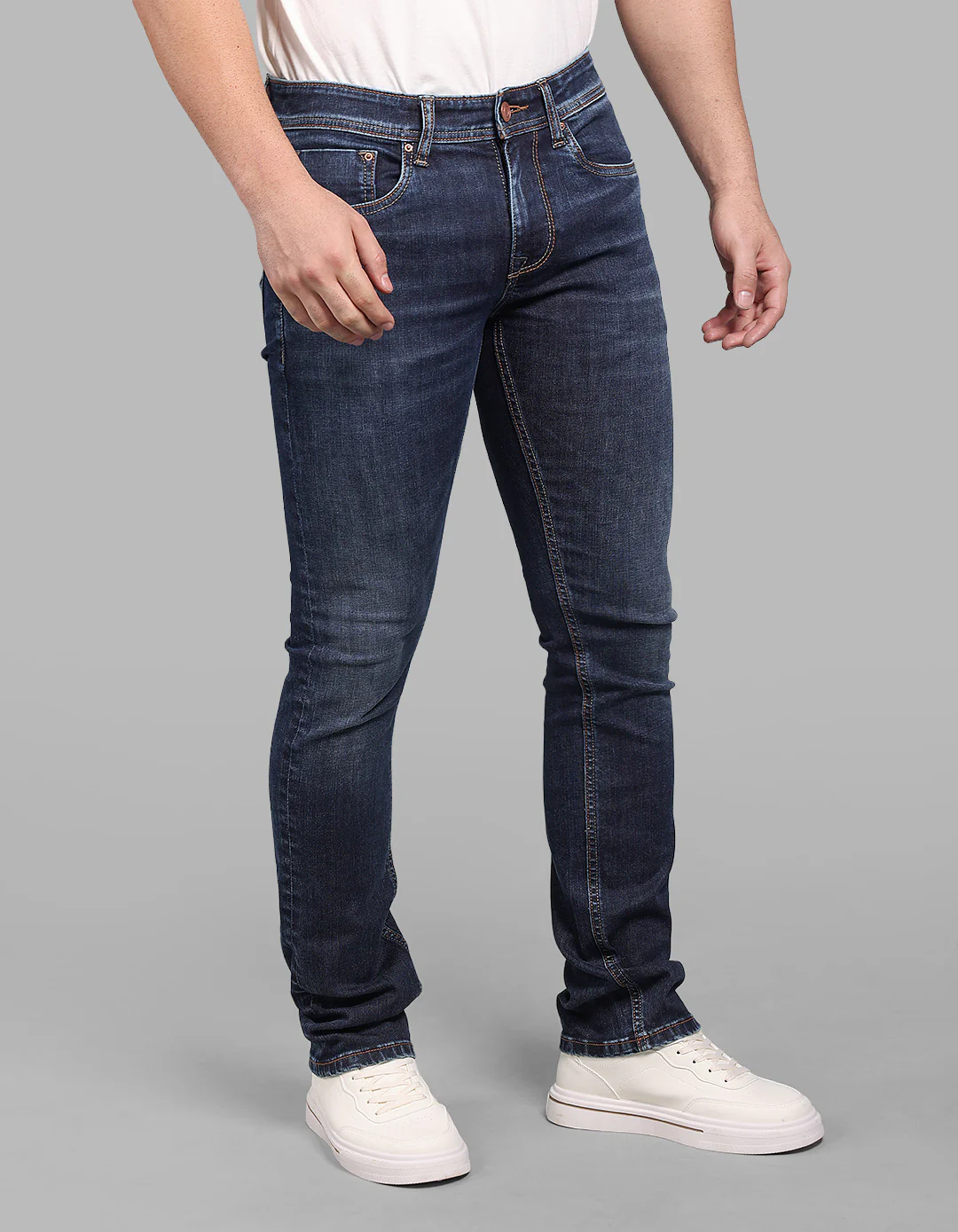 Dark Blue Mid-Rise Slim Straight Fit Stretch Jeans - Image 4