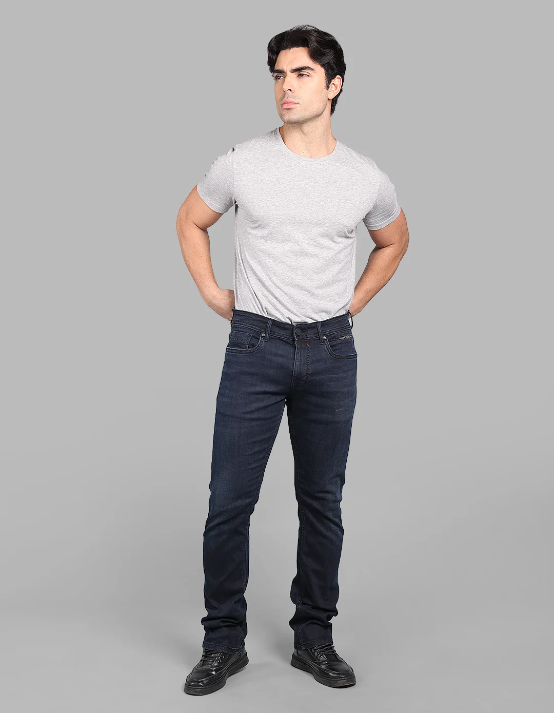 Dark Blue Mid-Rise Slim Straight Fit Stretch Jeans - Image 2
