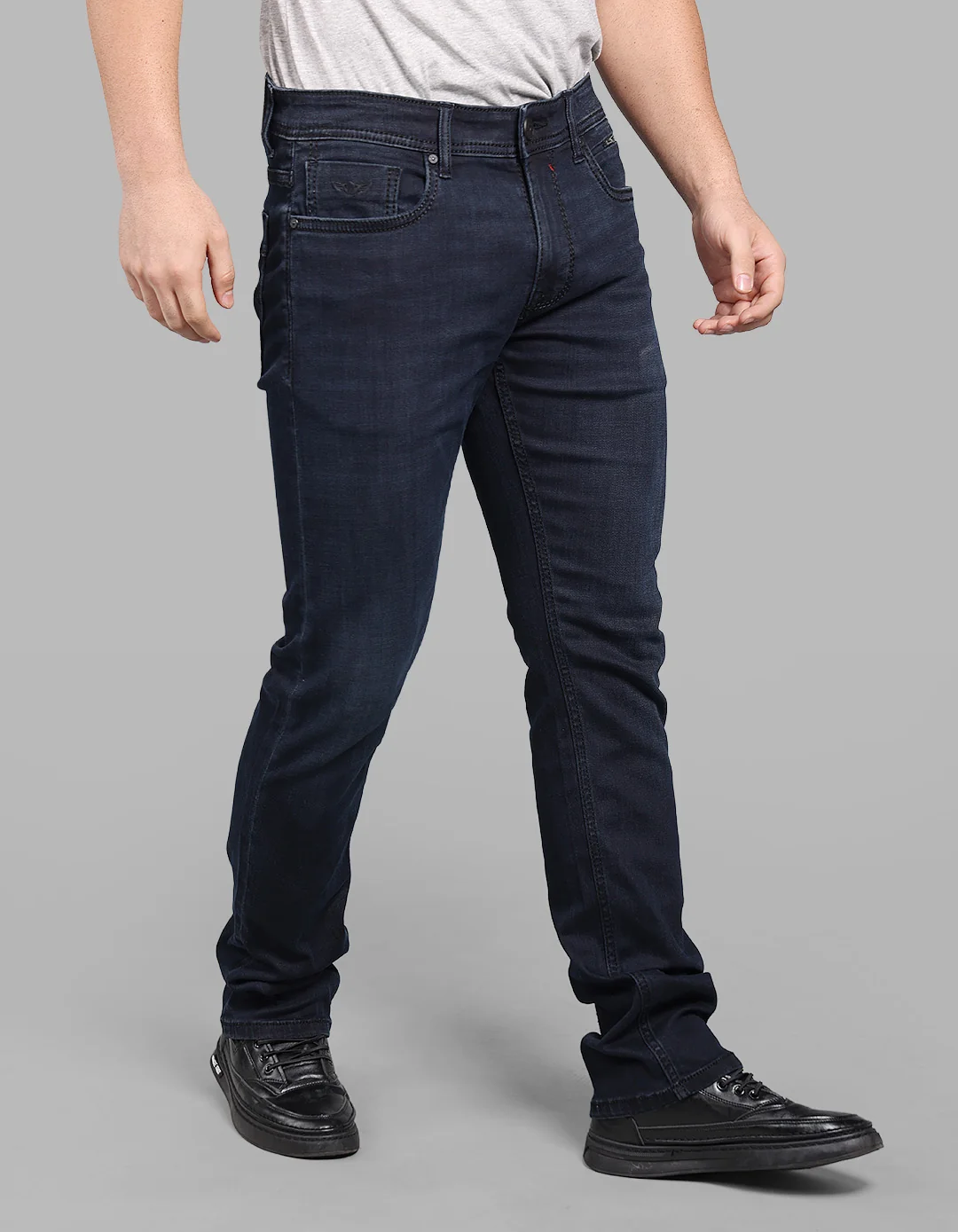Dark Blue Mid-Rise Slim Straight Fit Stretch Jeans - Image 3