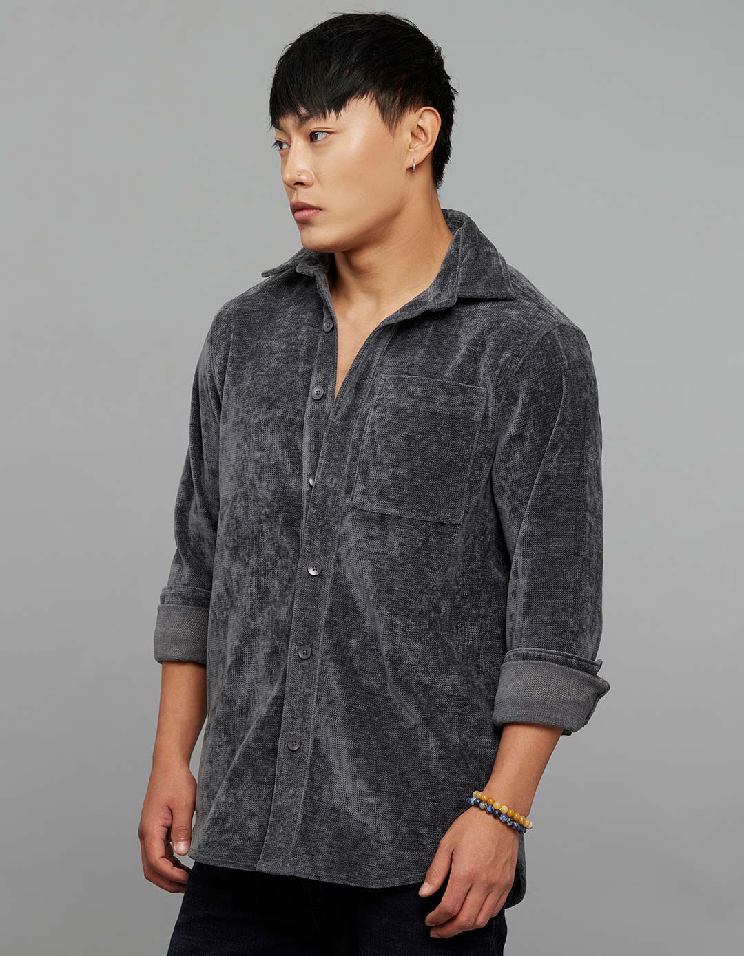 Dark Grey Full Sleeves Button Front Closure Shacket - Image 3