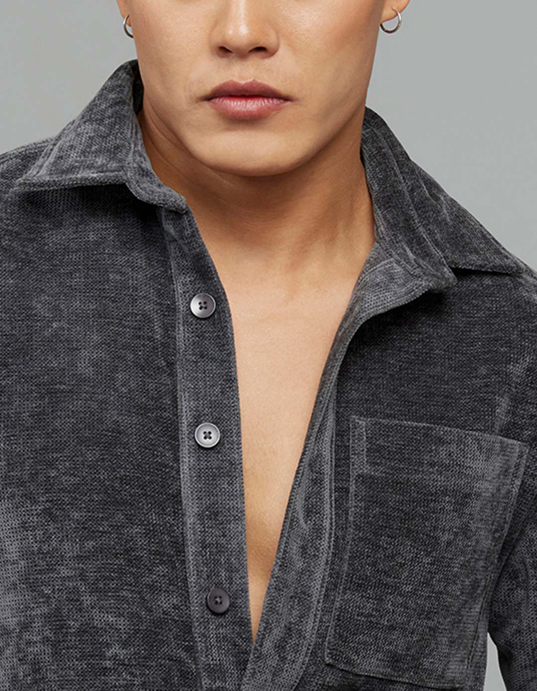 Dark Grey Full Sleeves Button Front Closure Shacket - Image 4