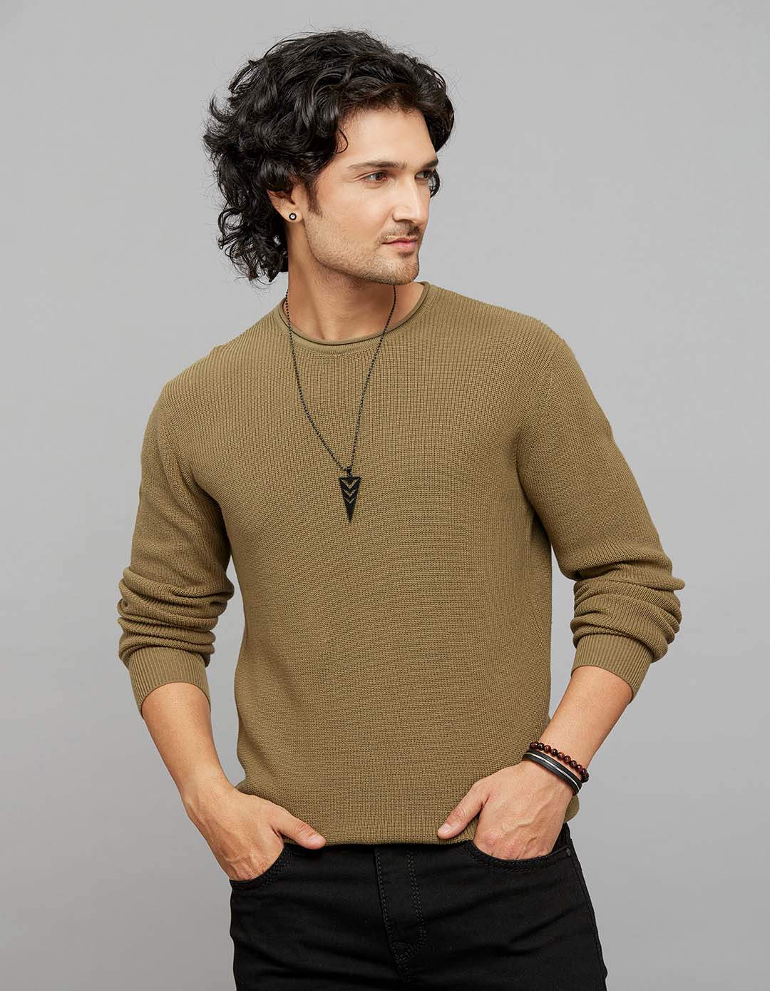 Dark Olive Round Neck Full Sleeves Flatknit