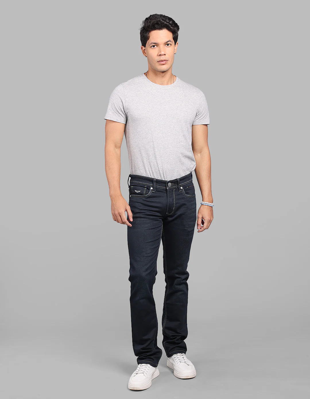 Dark Blue Mid-Rise Slim Straight Fit Stretch Jeans - Image 2