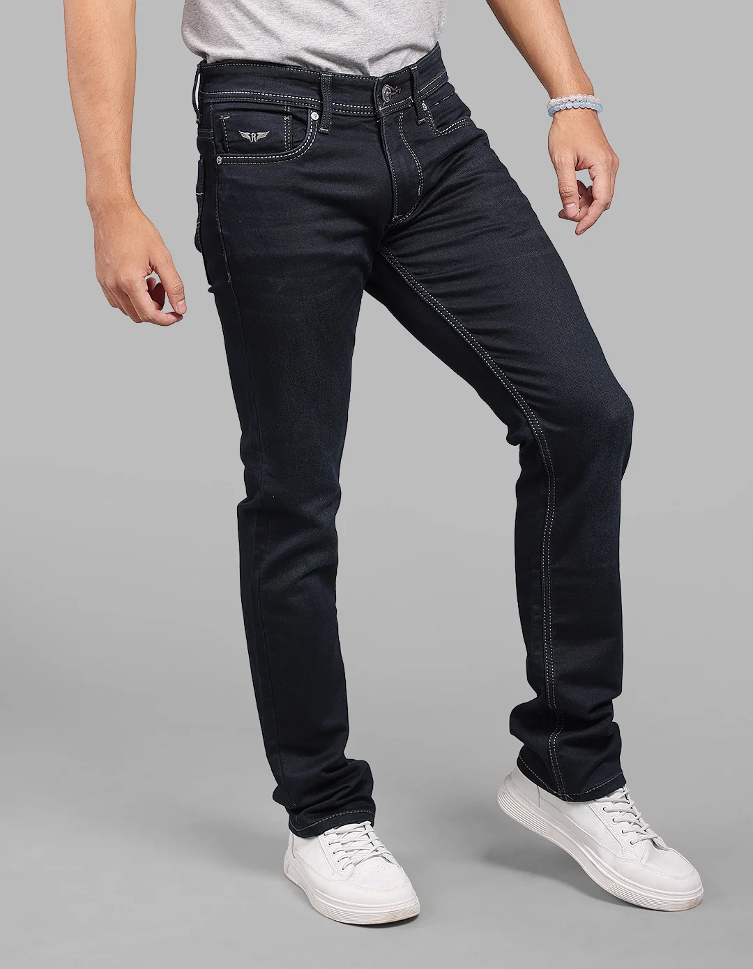Dark Blue Mid-Rise Slim Straight Fit Stretch Jeans - Image 3