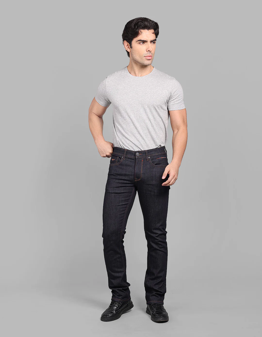 Dark Blue Mid-Rise Slim Straight Fit Stretch Jeans - Image 2