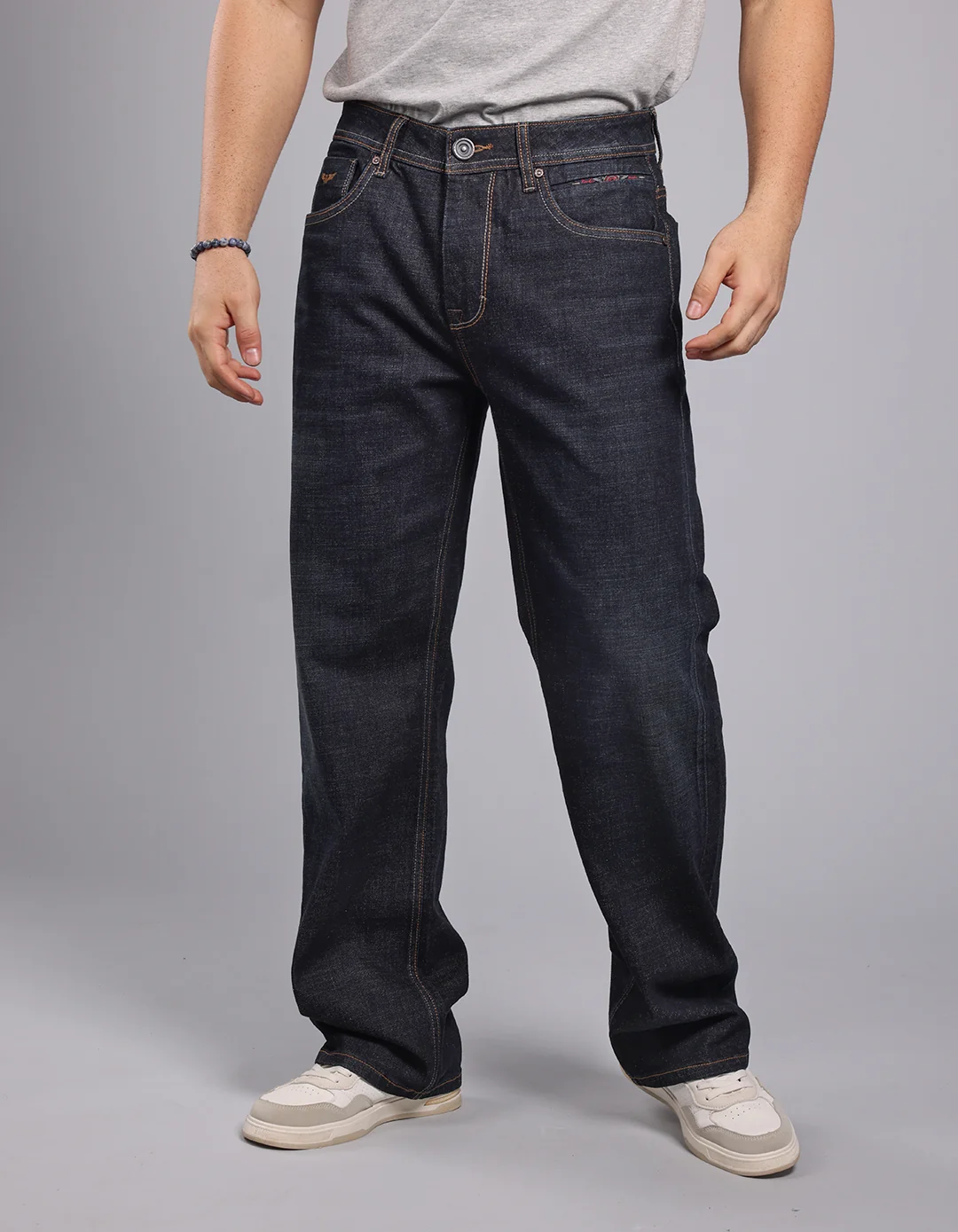 Dark Blue Midrise Loose Fit Stretch Jeans