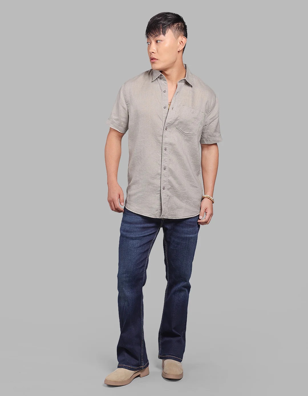 Dark Stone Half Sleeve 100% Linen Shirt - Image 2