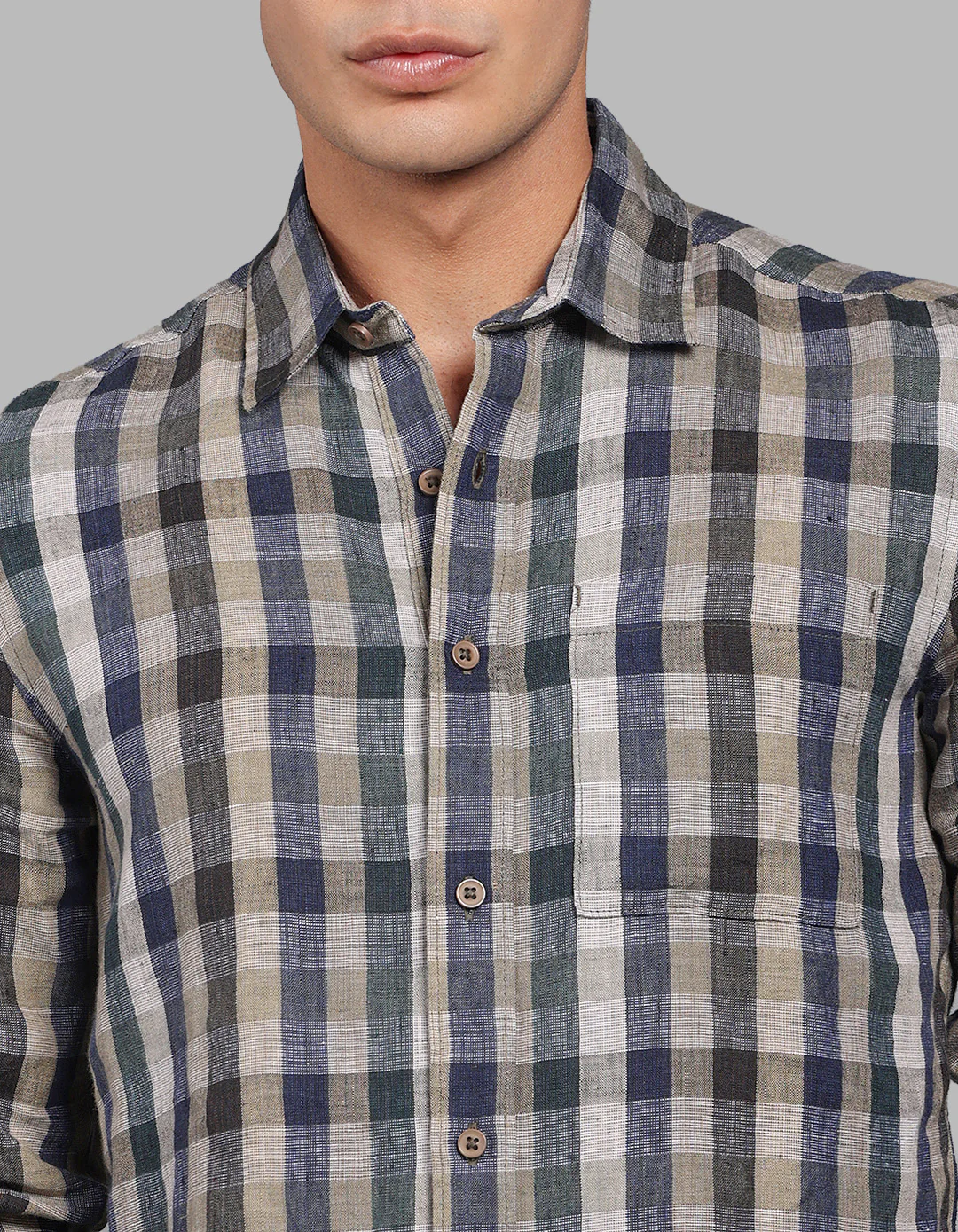 Green Navy Full Sleeve Linen Blend Check Shirt - Image 6