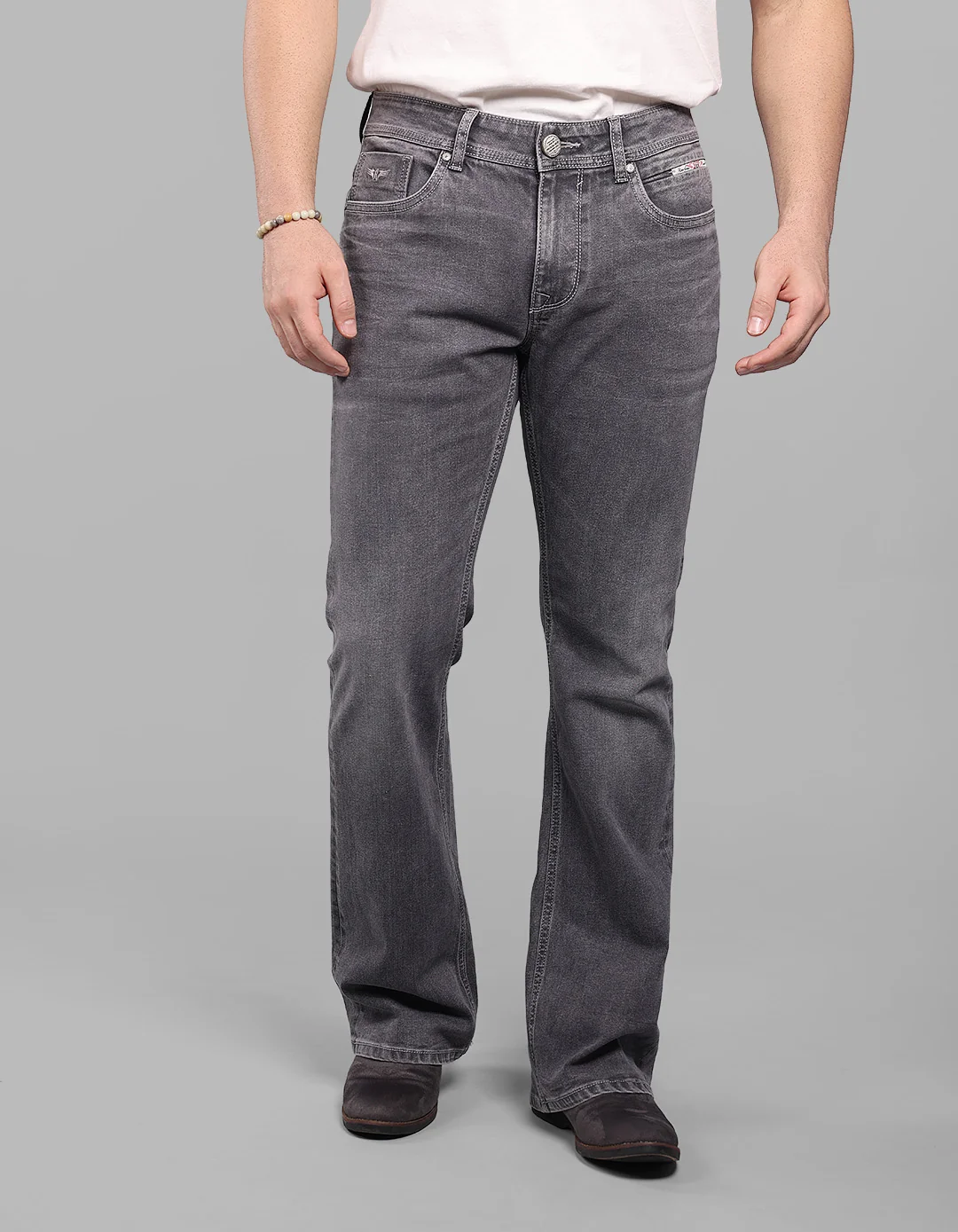 Grey Mid Rise Cropped Length Loose Boot Leg Stretch Jeans