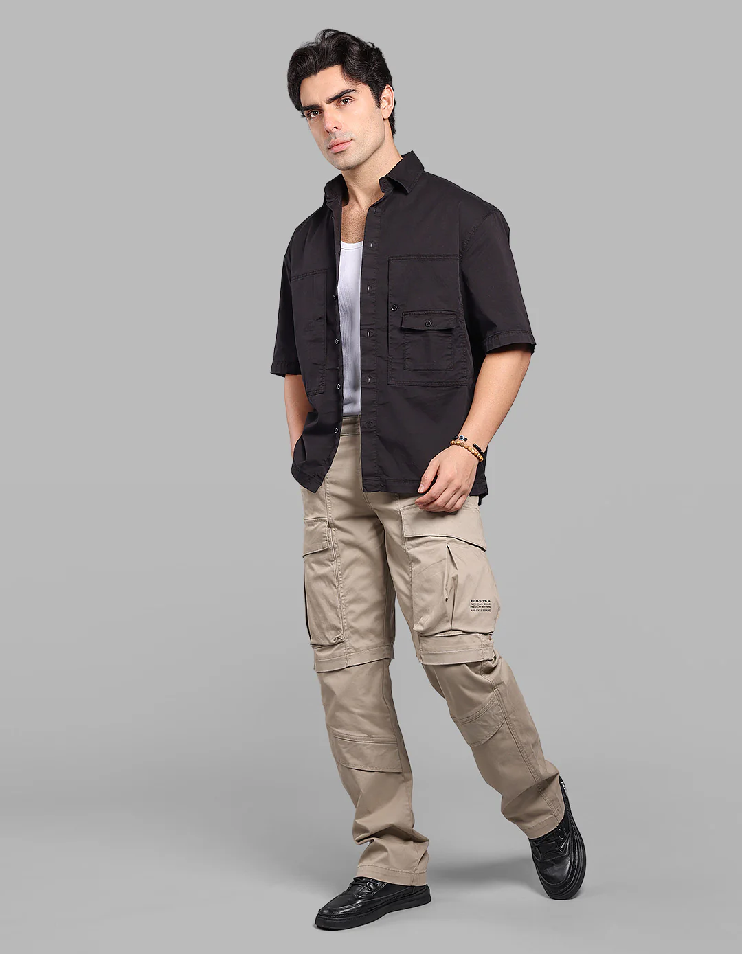 Jet Black Half Sleeve Oversized Stretch Cargo Shirt - Image 3